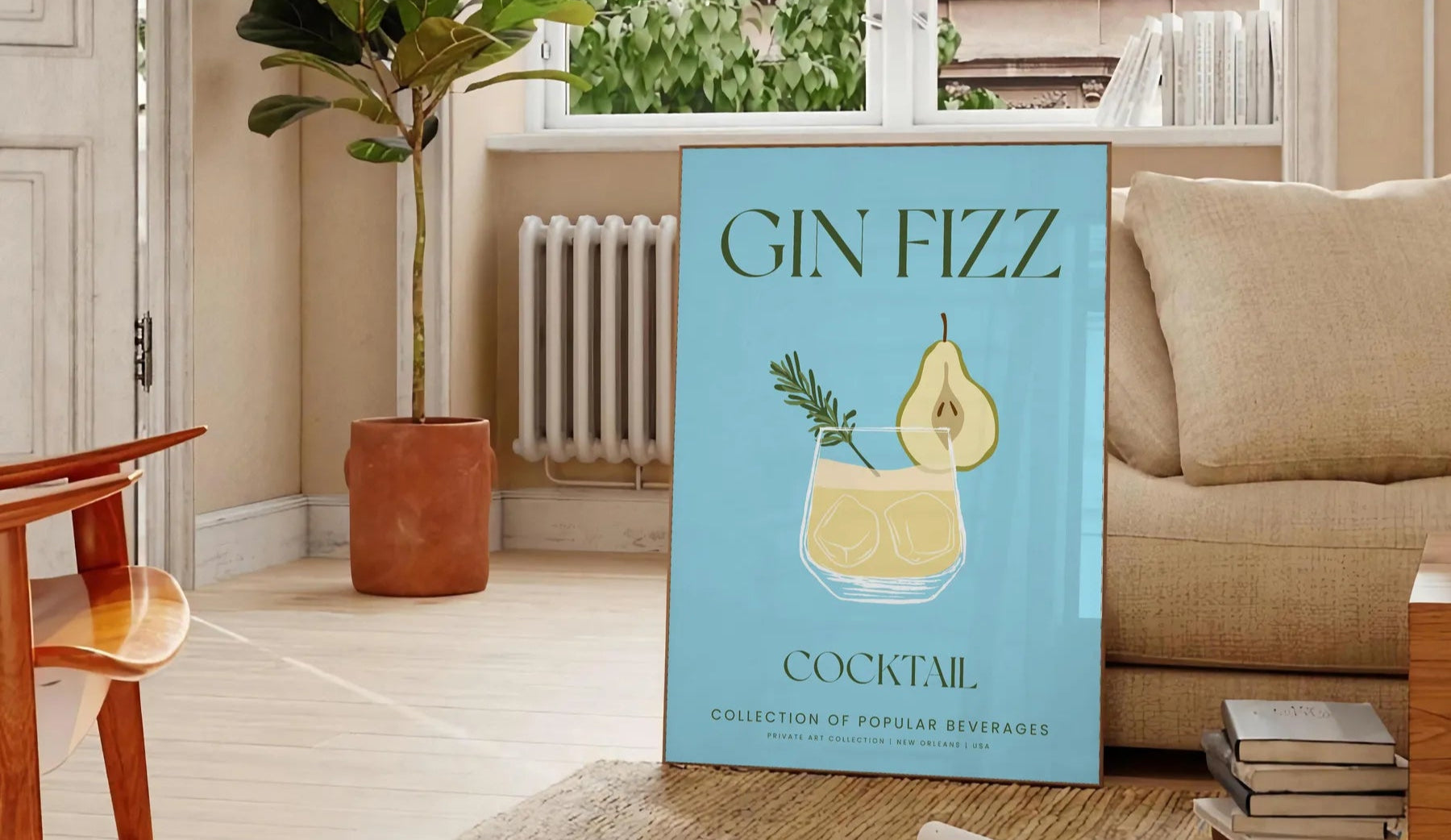space stunning Gin Fizz Cocktail Art Poster vibrant green gray tones captivating wall perfect kitchen bar ideal gift lovers versatile sizes A4 cm A0