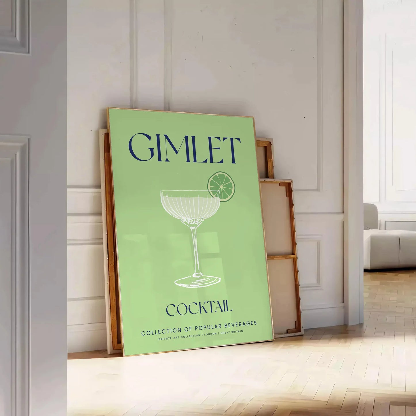 space stylish Gimlet Cocktail poster vibrant green sleek gray backdrop eye wall art perfect enthusiasts unique gift framed print unframed artwork decor