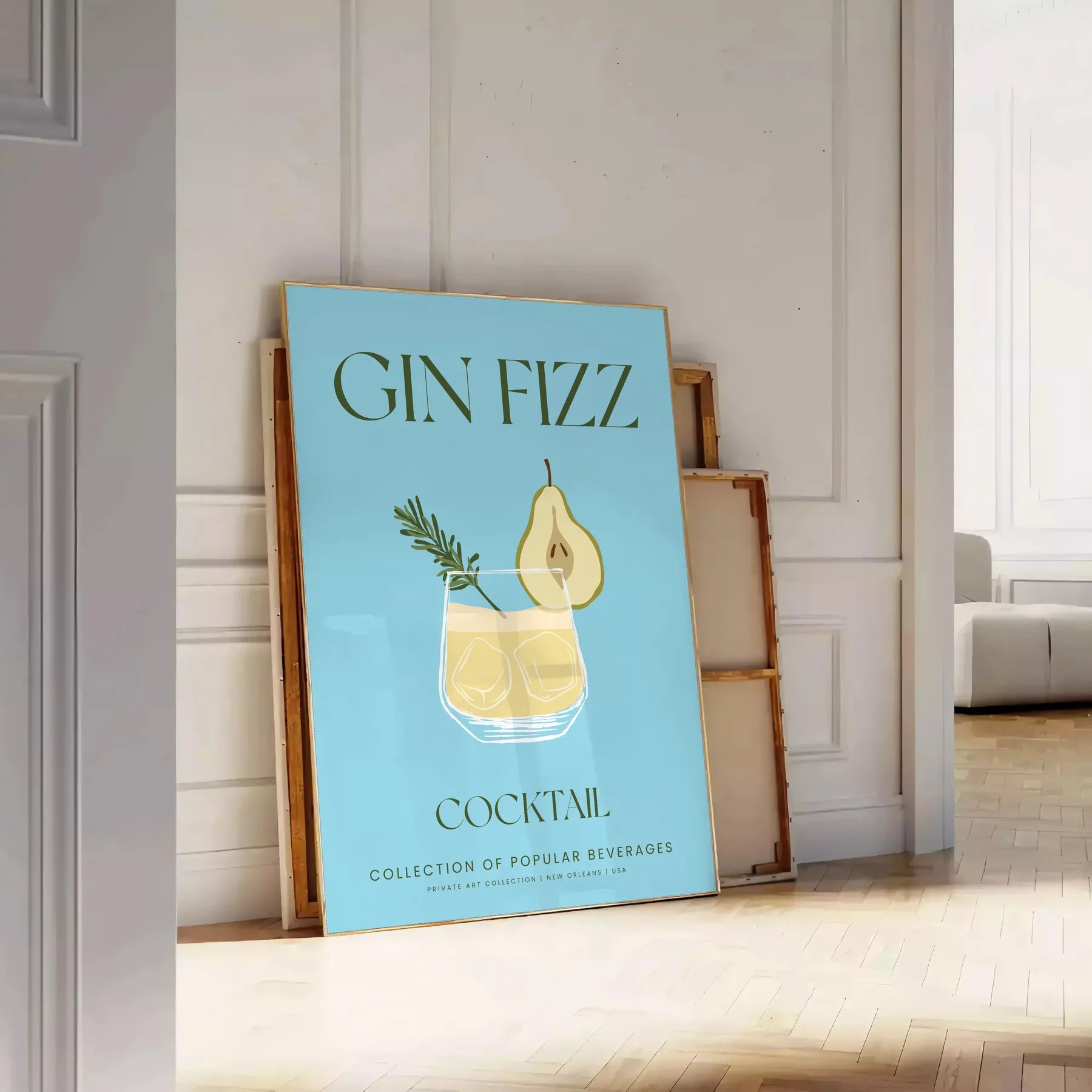 space stunning Gin Fizz Cocktail Art Poster vibrant green gray tones captivating wall perfect kitchen bar ideal gift lovers versatile sizes A4 cm A0